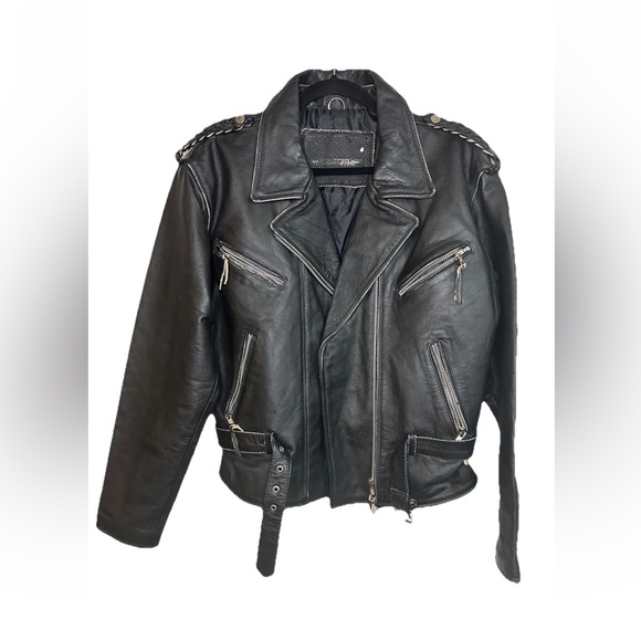 Vintage Black Genuine Leather Moto Jacket Biker YKK Zips XL Made in Pakistan